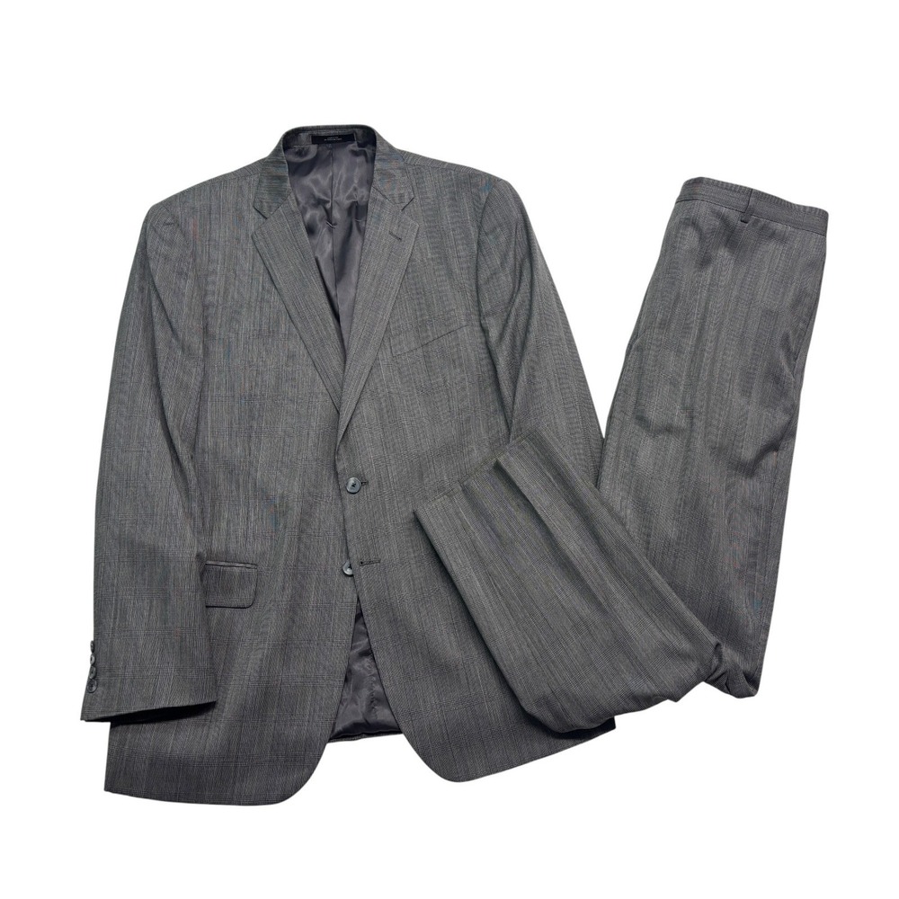 Joseph Abboud 44L 38x34 Gray Glen Plaid 2pc Pant Suit 100% Wool Flat Front USA
